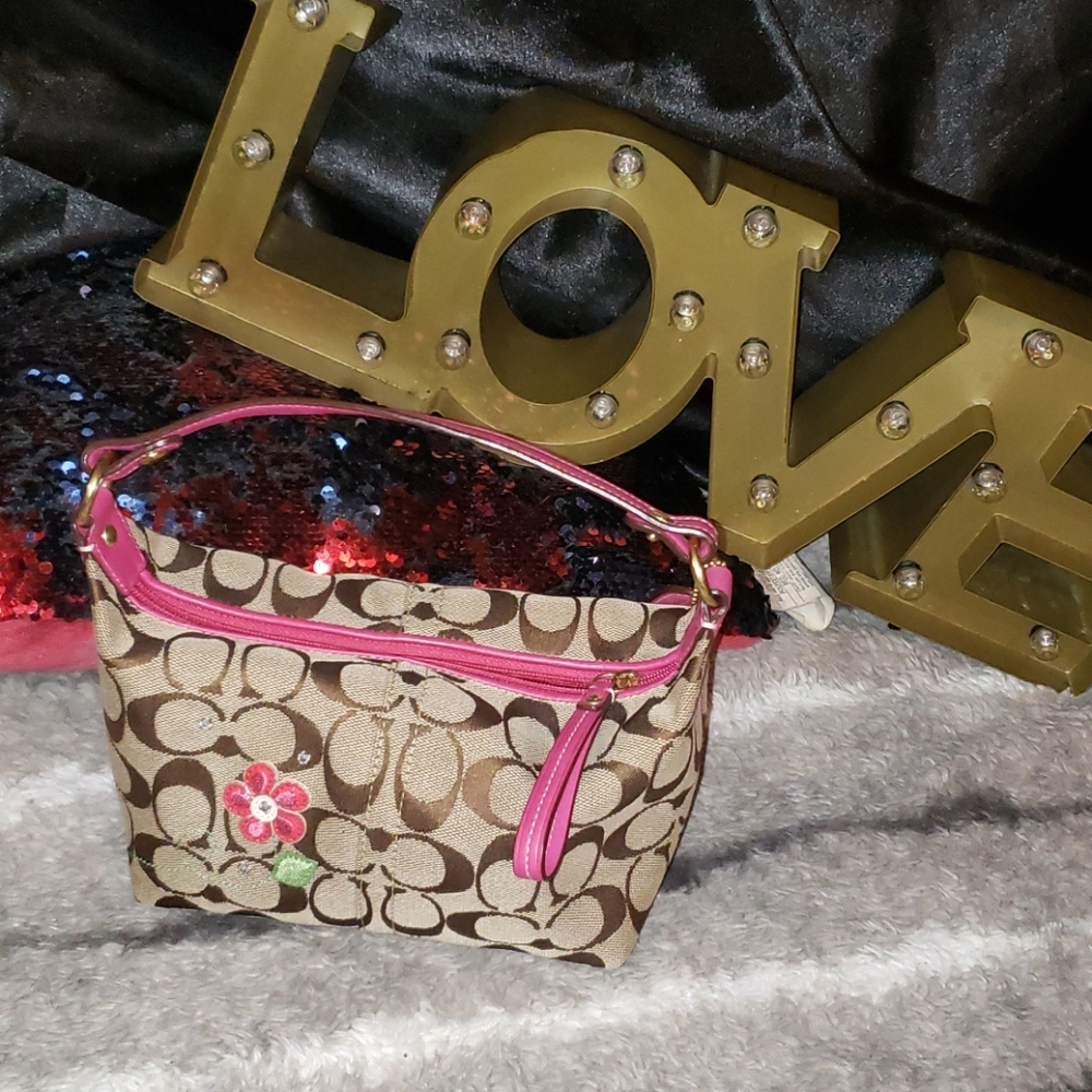 Coach Khaki Pink Flower Applique Small Purse